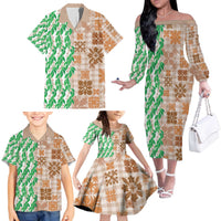 Aloha Hawaii Palaka Tuberose Lei Family Matching Off The Shoulder Long Sleeve Dress and Hawaiian Shirt Hawaiian Quilt Seamless Style - Polynesian Pride