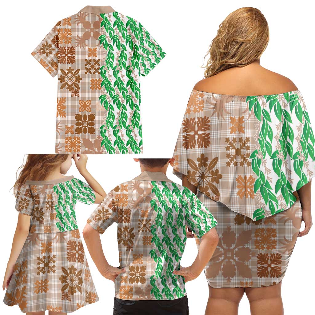 Aloha Hawaii Palaka Tuberose Lei Family Matching Off Shoulder Short Dress and Hawaiian Shirt Hawaiian Quilt Seamless Style - Polynesian Pride