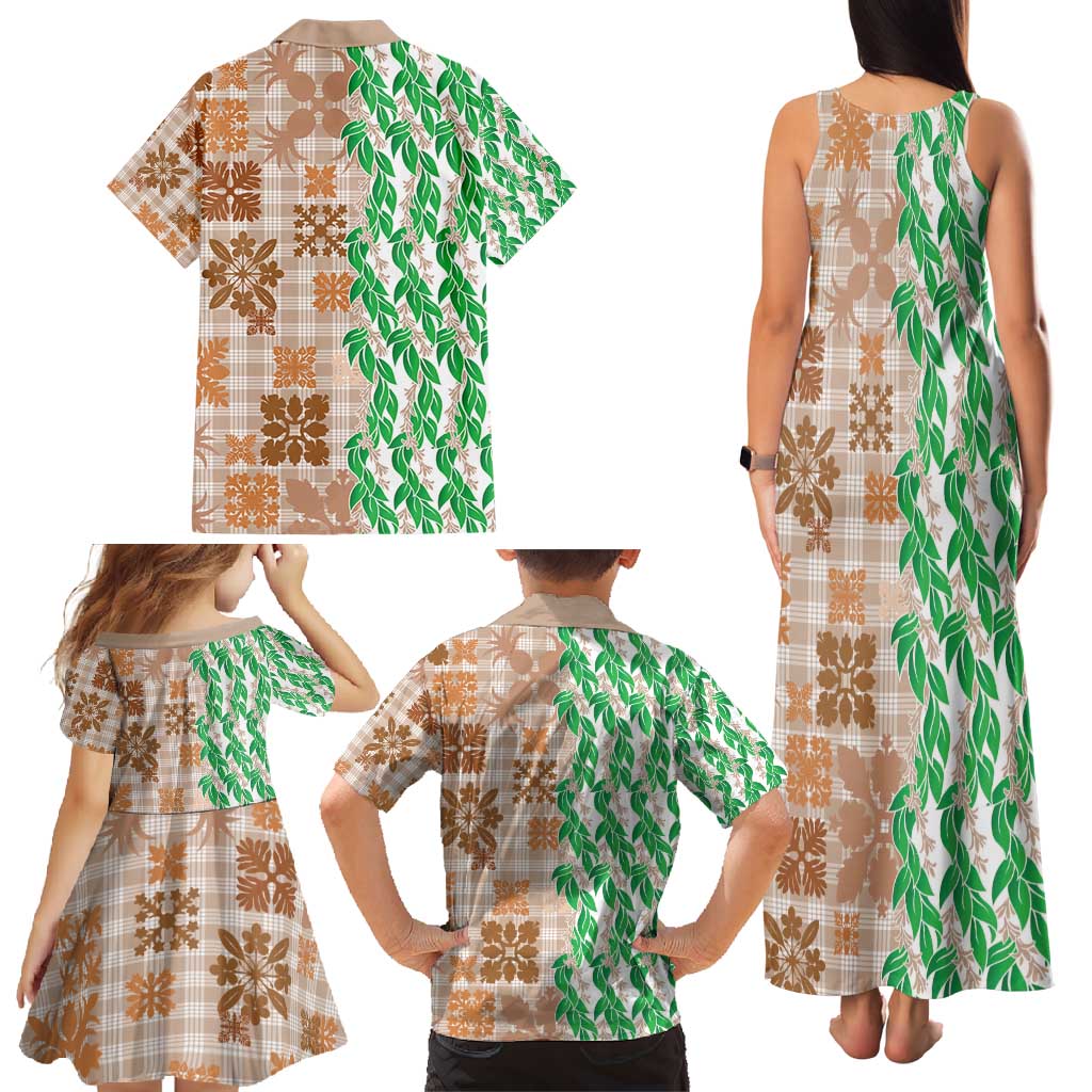 Aloha Hawaii Palaka Tuberose Lei Family Matching Tank Maxi Dress and Hawaiian Shirt Hawaiian Quilt Seamless Style - Polynesian Pride