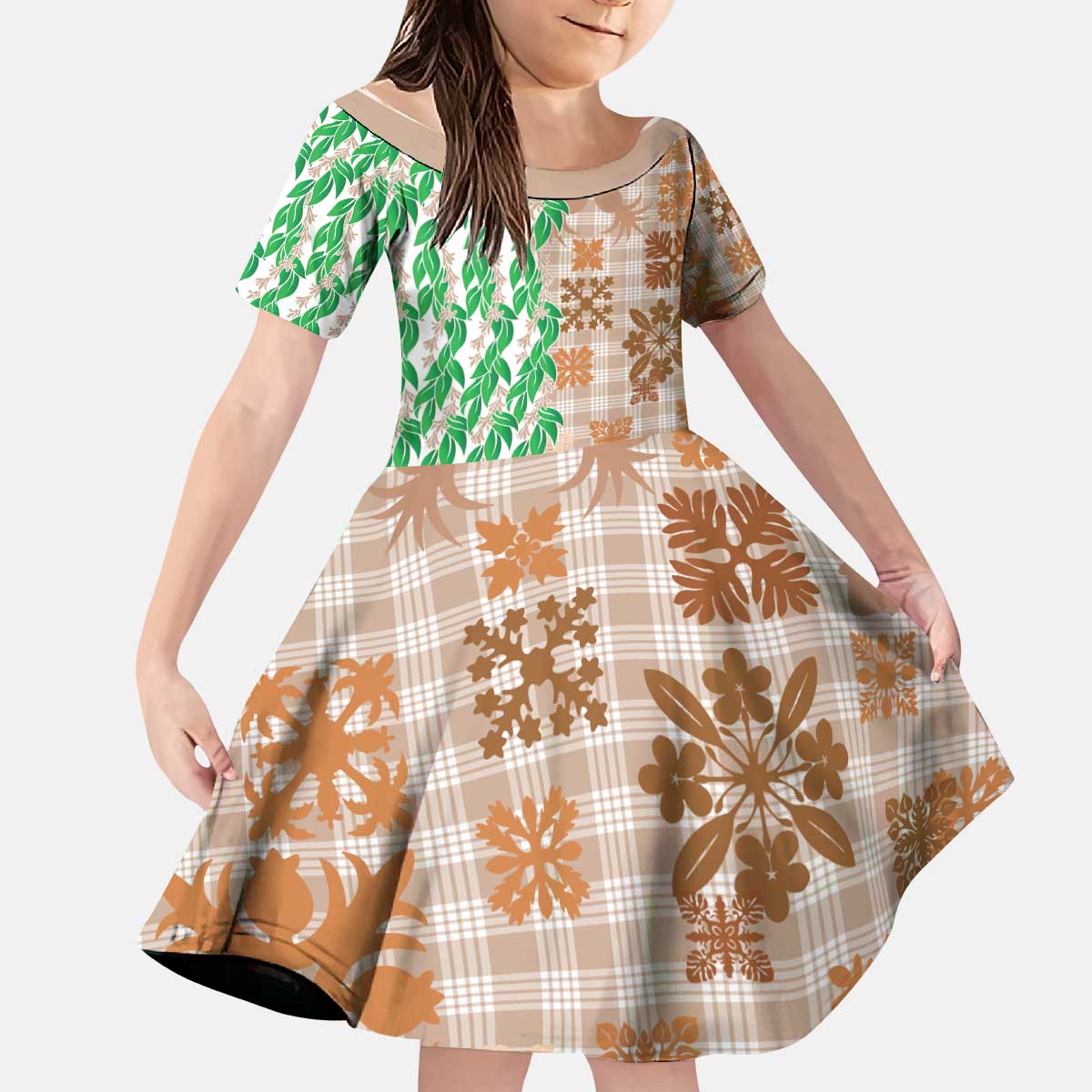 Aloha Hawaii Palaka Tuberose Lei Kid Short Sleeve Dress Hawaiian Quilt Seamless Style - Polynesian Pride