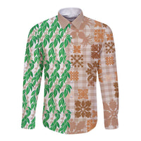 Aloha Hawaii Palaka Tuberose Lei Long Sleeve Button Shirt Hawaiian Quilt Seamless Style - Polynesian Pride