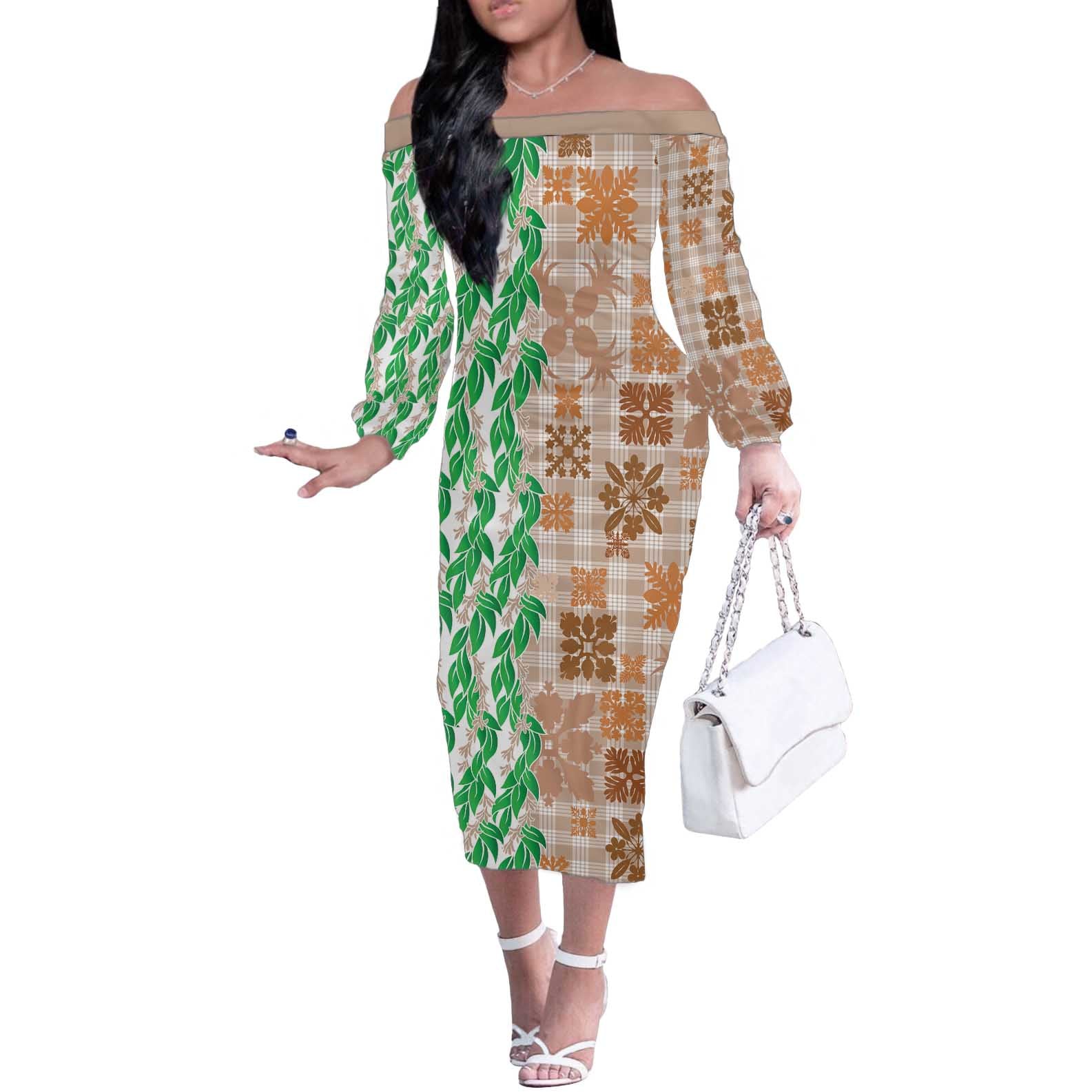 Aloha Hawaii Palaka Tuberose Lei Off The Shoulder Long Sleeve Dress Hawaiian Quilt Seamless Style - Polynesian Pride