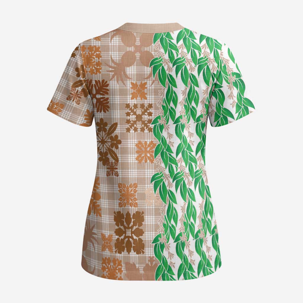 Aloha Hawaii Palaka Tuberose Lei Scrub Top Hawaiian Quilt Seamless Style - Polynesian Pride