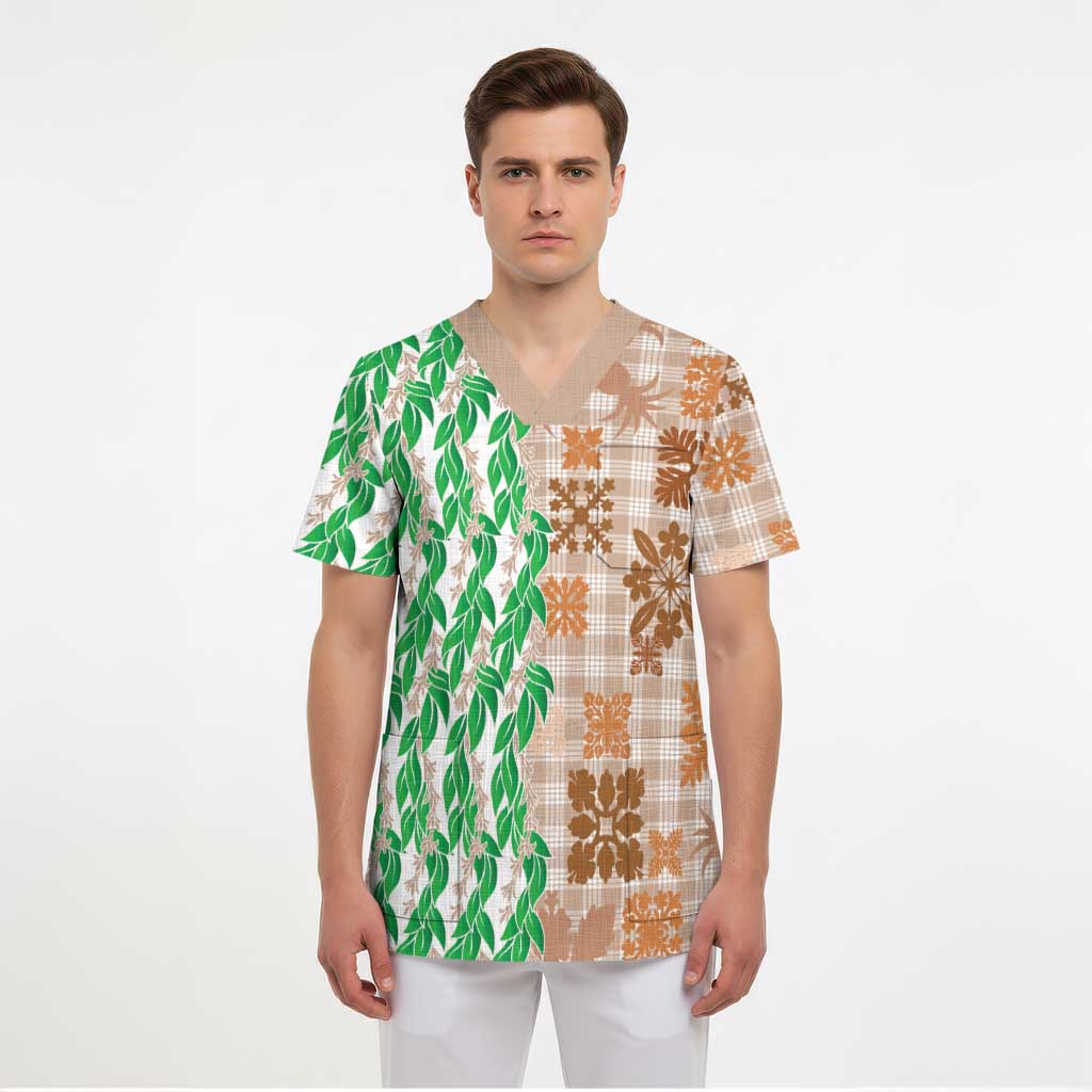Aloha Hawaii Palaka Tuberose Lei Scrub Top Hawaiian Quilt Seamless Style - Polynesian Pride