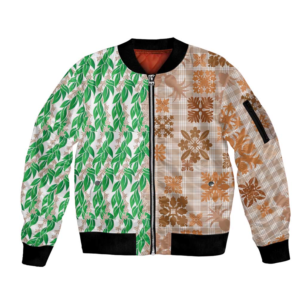 Aloha Hawaii Palaka Tuberose Lei Sleeve Zip Bomber Jacket Hawaiian Quilt Seamless Style - Polynesian Pride
