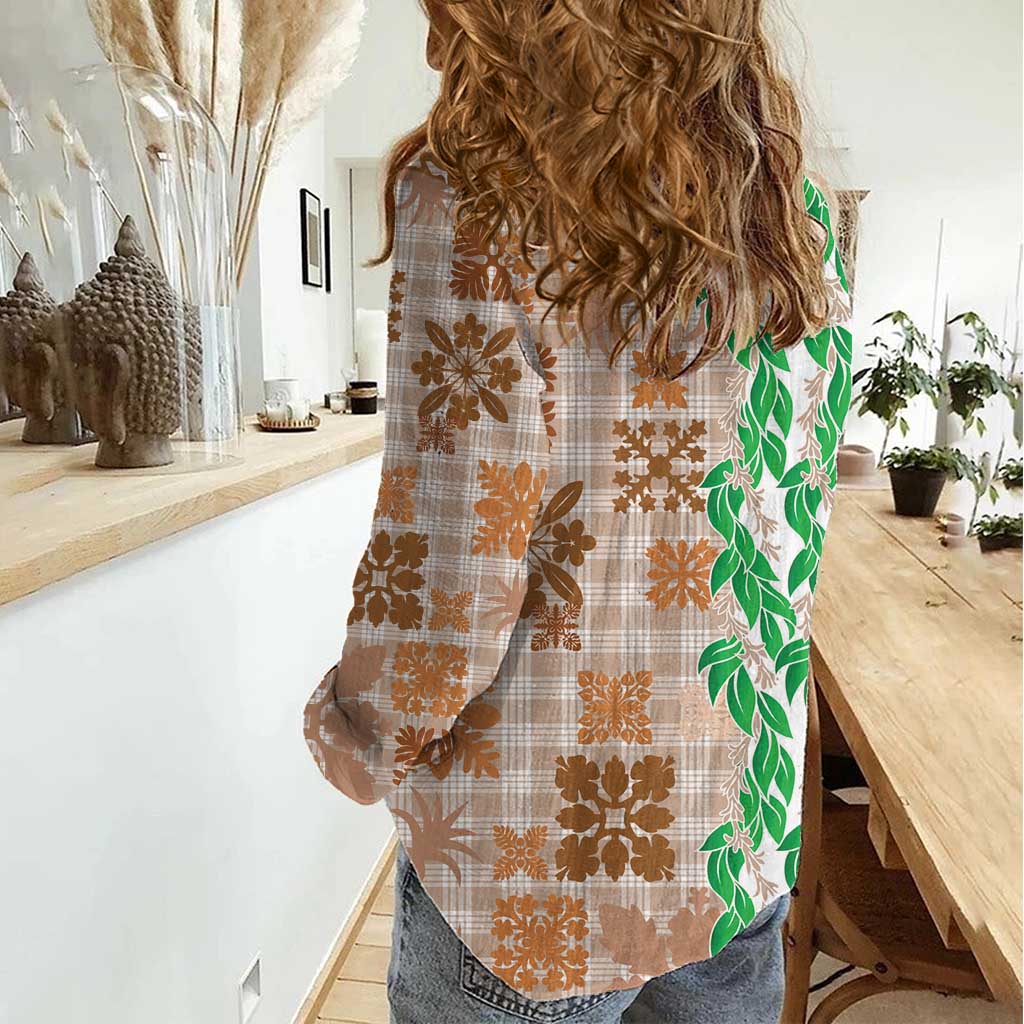 Aloha Hawaii Palaka Tuberose Lei Women Casual Shirt Hawaiian Quilt Seamless Style - Polynesian Pride