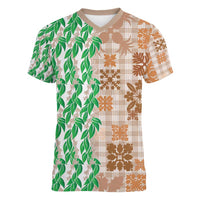 Aloha Hawaii Palaka Tuberose Lei Women V-Neck T-Shirt Hawaiian Quilt Seamless Style - Polynesian Pride