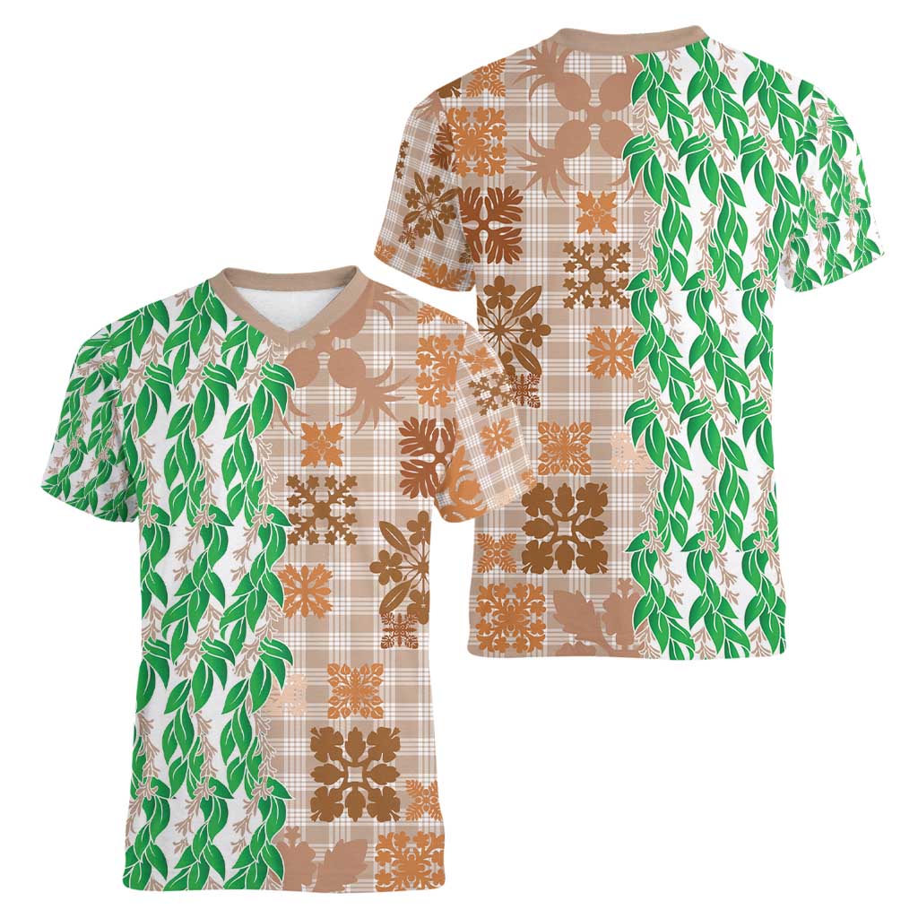 Aloha Hawaii Palaka Tuberose Lei Women V-Neck T-Shirt Hawaiian Quilt Seamless Style - Polynesian Pride