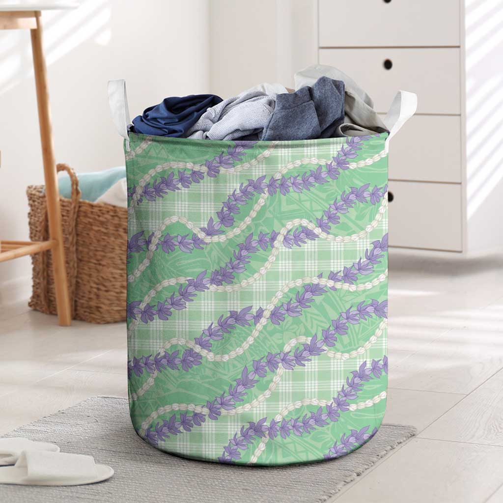 Pastel Green Hawaii Palaka Honohono Pikake Laundry Basket Hawaiian Orchid Lei Polynesian Pattern - Polynesian Pride