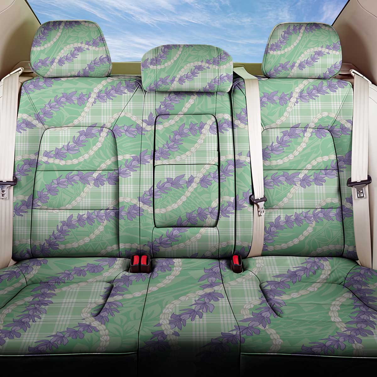 Pastel Green Hawaii Palaka Honohono Pikake Back Car Seat Cover Hawaiian Orchid Lei Polynesian Pattern - Polynesian Pride