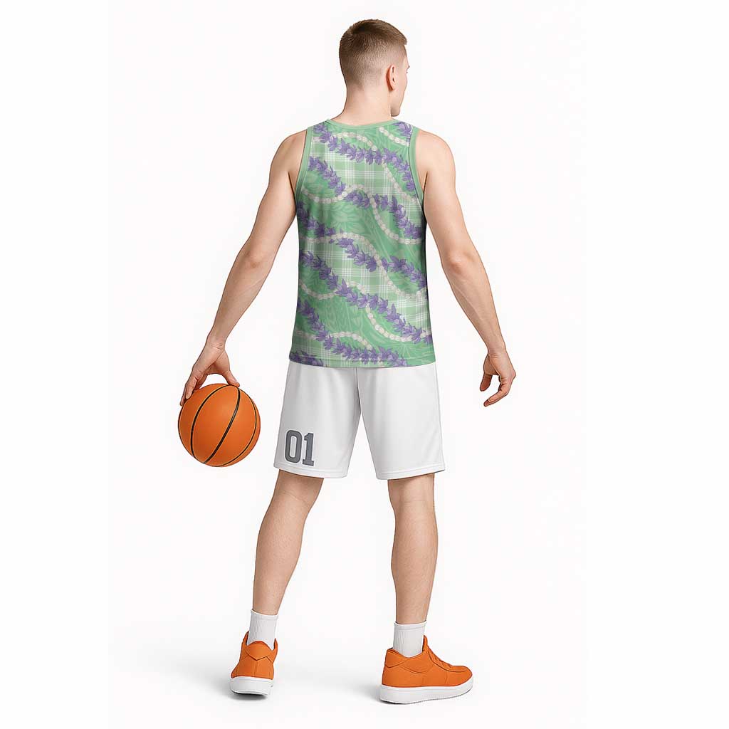Pastel Green Hawaii Palaka Honohono Pikake Basketball Jersey Hawaiian Orchid Lei Polynesian Pattern - Polynesian Pride