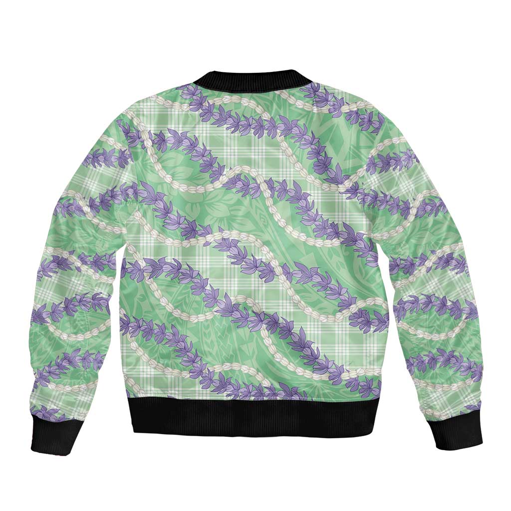 Pastel Green Hawaii Palaka Honohono Pikake Bomber Jacket Hawaiian Orchid Lei Polynesian Pattern - Polynesian Pride