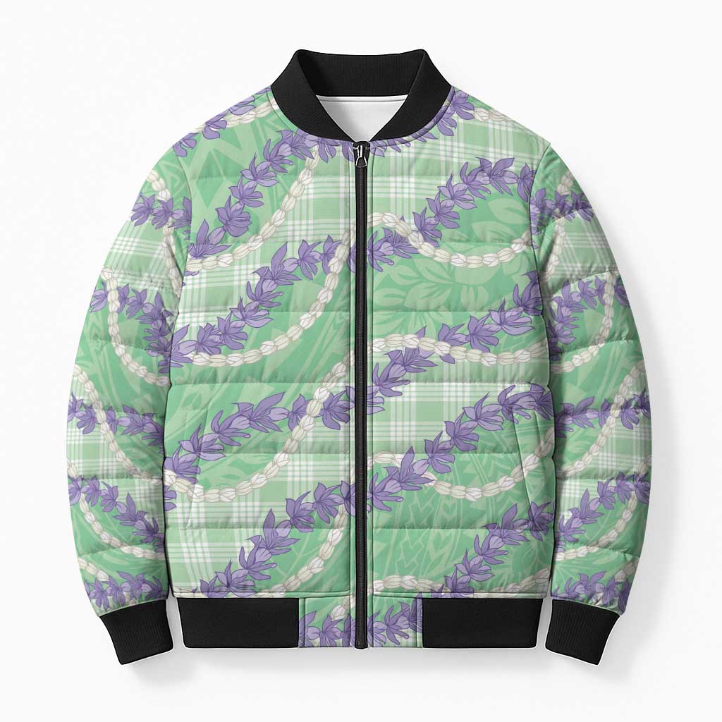 Pastel Green Hawaii Palaka Honohono Pikake Bomber Puffer Jacket Hawaiian Orchid Lei Polynesian Pattern LT14 Unisex Pastel Green - Polynesian Pride