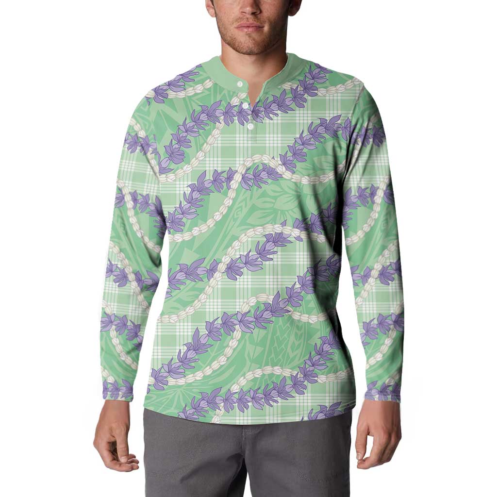 Pastel Green Hawaii Palaka Honohono Pikake Button Sweatshirt Hawaiian Orchid Lei Polynesian Pattern - Polynesian Pride