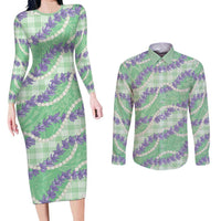 Pastel Green Hawaii Palaka Honohono Pikake Couples Matching Long Sleeve Bodycon Dress and Long Sleeve Button Shirt Hawaiian Orchid Lei Polynesian Pattern - Polynesian Pride