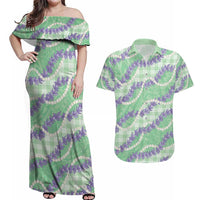 Pastel Green Hawaii Palaka Honohono Pikake Couples Matching Off Shoulder Maxi Dress and Hawaiian Shirt Hawaiian Orchid Lei Polynesian Pattern - Polynesian Pride