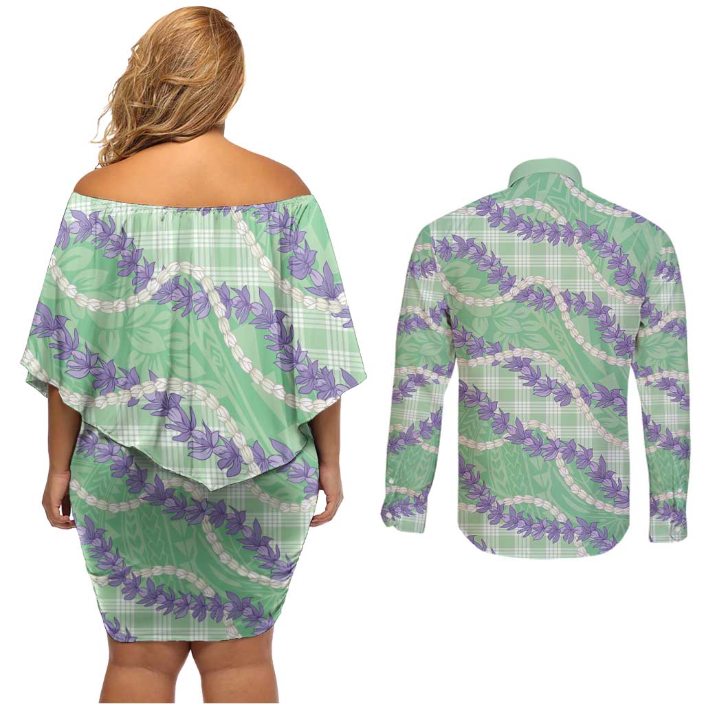 Pastel Green Hawaii Palaka Honohono Pikake Couples Matching Off Shoulder Short Dress and Long Sleeve Button Shirt Hawaiian Orchid Lei Polynesian Pattern - Polynesian Pride