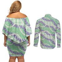 Pastel Green Hawaii Palaka Honohono Pikake Couples Matching Off Shoulder Short Dress and Long Sleeve Button Shirt Hawaiian Orchid Lei Polynesian Pattern - Polynesian Pride