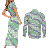 Pastel Green Hawaii Palaka Honohono Pikake Couples Matching Short Sleeve Bodycon Dress and Long Sleeve Button Shirt Hawaiian Orchid Lei Polynesian Pattern - Polynesian Pride