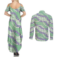 Pastel Green Hawaii Palaka Honohono Pikake Couples Matching Summer Maxi Dress and Long Sleeve Button Shirt Hawaiian Orchid Lei Polynesian Pattern - Polynesian Pride