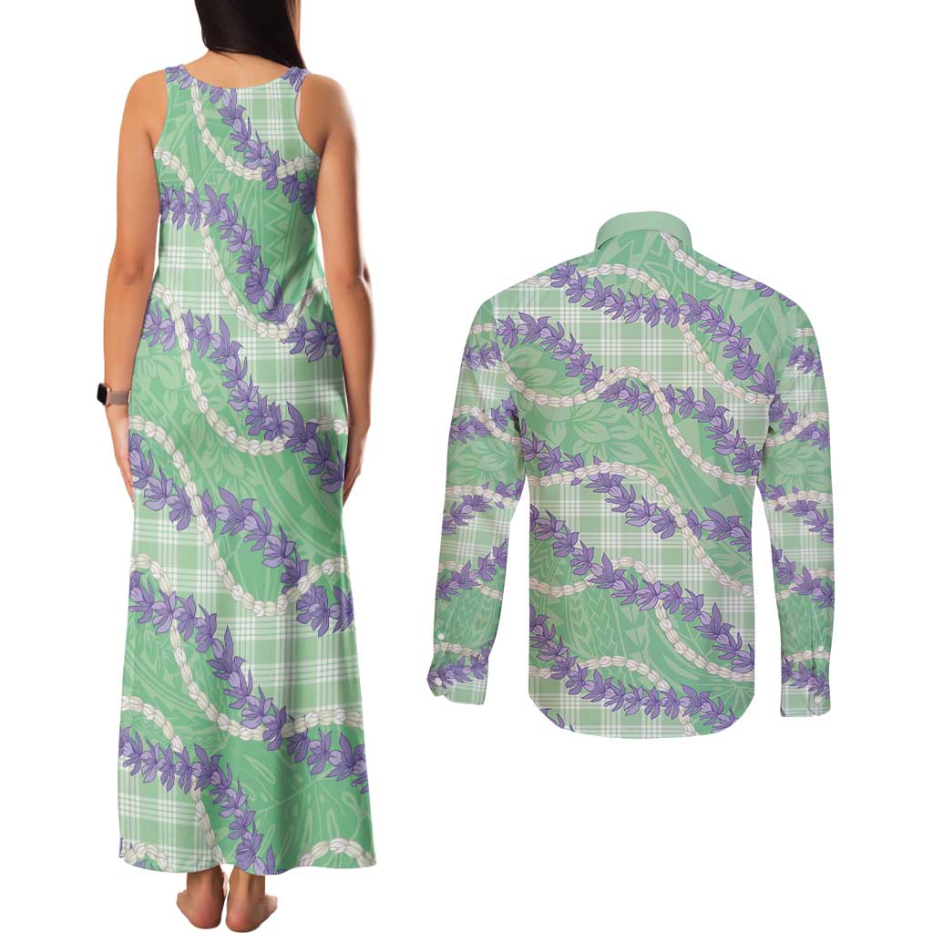 Pastel Green Hawaii Palaka Honohono Pikake Couples Matching Tank Maxi Dress and Long Sleeve Button Shirt Hawaiian Orchid Lei Polynesian Pattern - Polynesian Pride