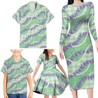Pastel Green Hawaii Palaka Honohono Pikake Family Matching Long Sleeve Bodycon Dress and Hawaiian Shirt Hawaiian Orchid Lei Polynesian Pattern - Polynesian Pride