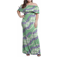 Pastel Green Hawaii Palaka Honohono Pikake Family Matching Off Shoulder Maxi Dress and Hawaiian Shirt Hawaiian Orchid Lei Polynesian Pattern - Polynesian Pride