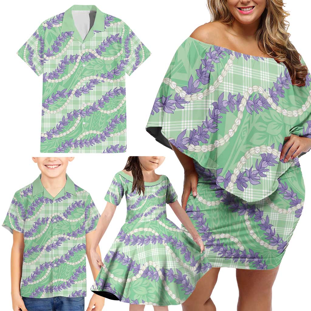 Pastel Green Hawaii Palaka Honohono Pikake Family Matching Off Shoulder Short Dress and Hawaiian Shirt Hawaiian Orchid Lei Polynesian Pattern - Polynesian Pride