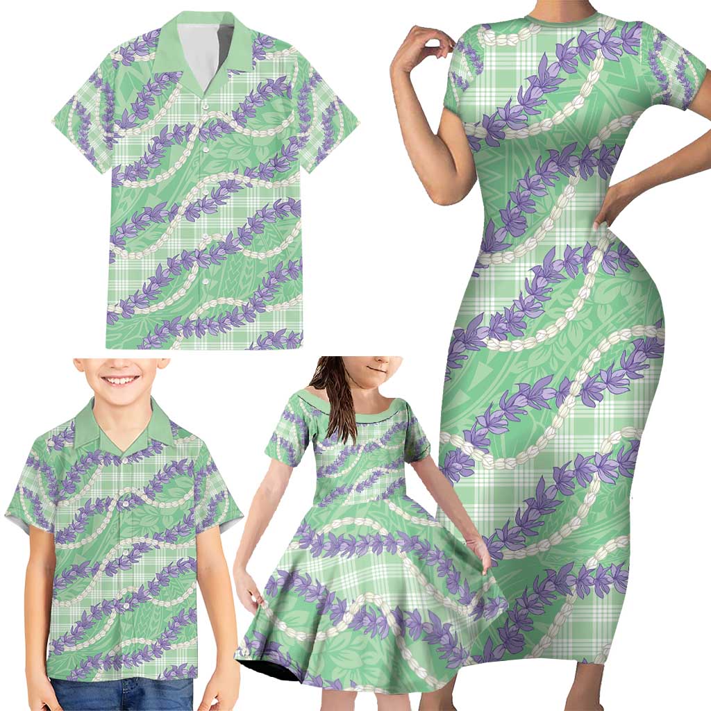 Pastel Green Hawaii Palaka Honohono Pikake Family Matching Short Sleeve Bodycon Dress and Hawaiian Shirt Hawaiian Orchid Lei Polynesian Pattern - Polynesian Pride