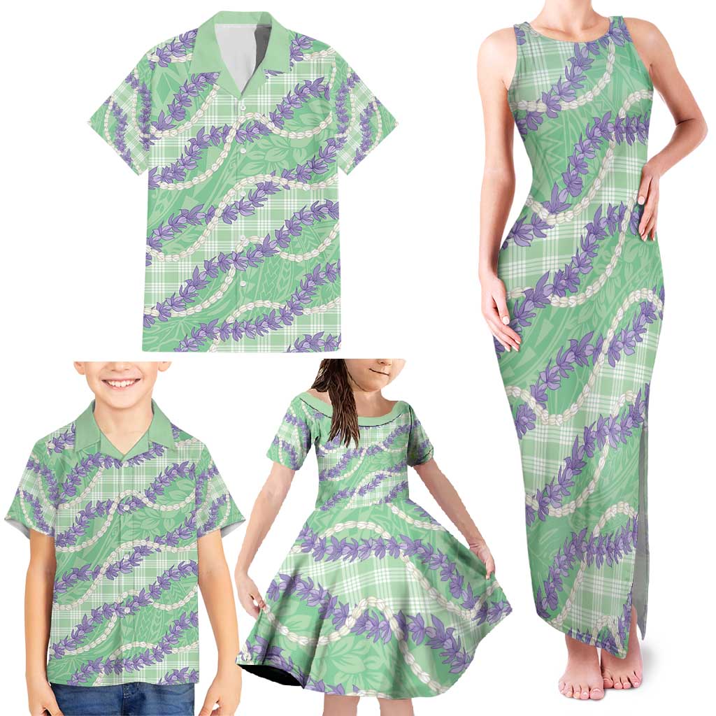 Pastel Green Hawaii Palaka Honohono Pikake Family Matching Tank Maxi Dress and Hawaiian Shirt Hawaiian Orchid Lei Polynesian Pattern - Polynesian Pride