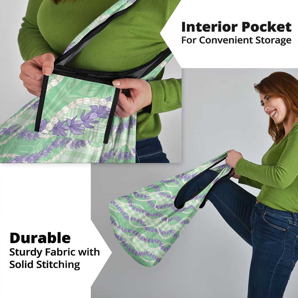 Pastel Green Hawaii Palaka Honohono Pikake Grocery Bag Hawaiian Orchid Lei Polynesian Pattern - Polynesian Pride