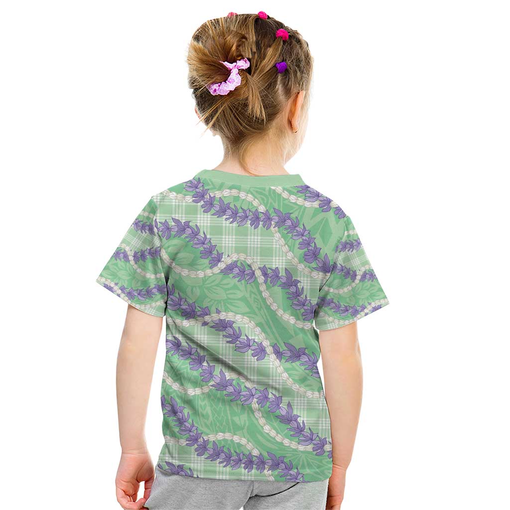Pastel Green Hawaii Palaka Honohono Pikake Kid T Shirt Hawaiian Orchid Lei Polynesian Pattern - Polynesian Pride