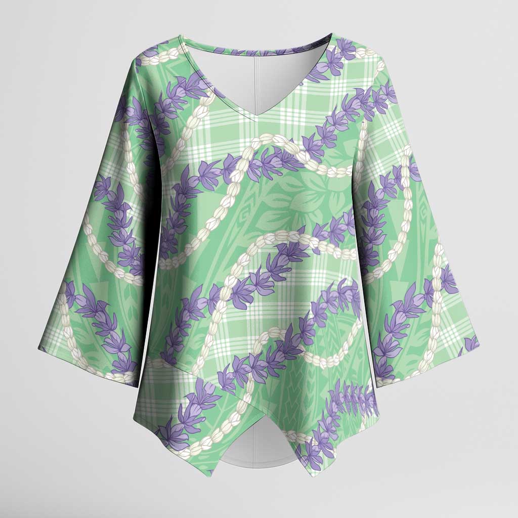Pastel Green Hawaii Palaka Honohono Pikake Kimono Sleeve Blouse Hawaiian Orchid Lei Polynesian Pattern - Polynesian Pride