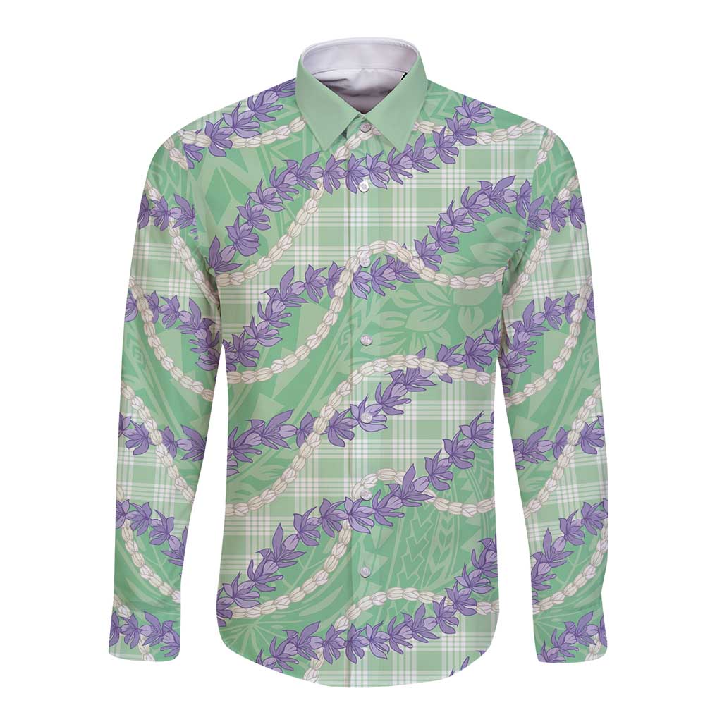 Pastel Green Hawaii Palaka Honohono Pikake Long Sleeve Button Shirt Hawaiian Orchid Lei Polynesian Pattern LT14 Unisex Pastel Green - Polynesian Pride