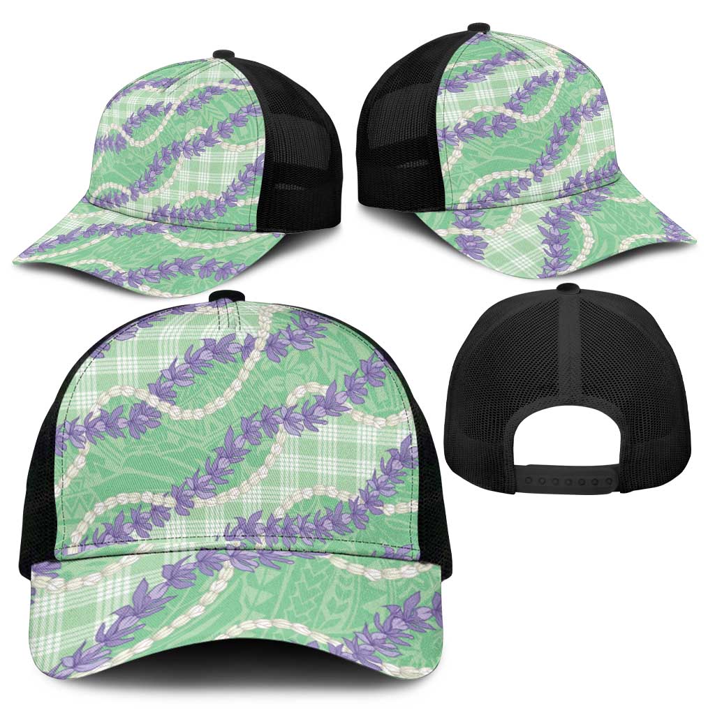 Pastel Green Hawaii Palaka Honohono Pikake Mesh Trucker Cap Hawaiian Orchid Lei Polynesian Pattern - Polynesian Pride