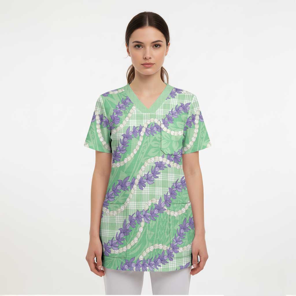 Pastel Green Hawaii Palaka Honohono Pikake Scrub Top Hawaiian Orchid Lei Polynesian Pattern - Polynesian Pride
