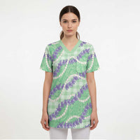 Pastel Green Hawaii Palaka Honohono Pikake Scrub Top Hawaiian Orchid Lei Polynesian Pattern - Polynesian Pride
