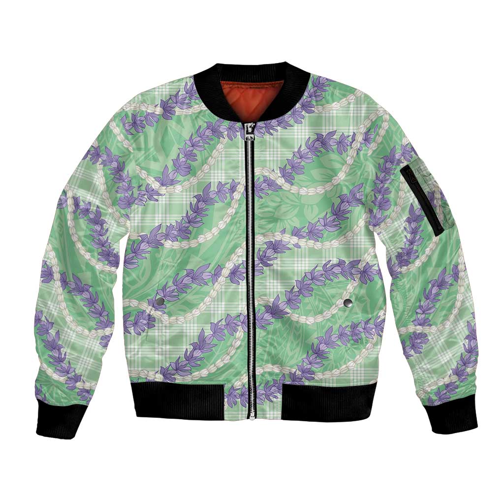 Pastel Green Hawaii Palaka Honohono Pikake Sleeve Zip Bomber Jacket Hawaiian Orchid Lei Polynesian Pattern LT14 Unisex Pastel Green - Polynesian Pride