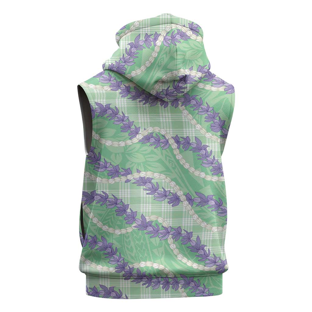 Pastel Green Hawaii Palaka Honohono Pikake Sleeveless Zip Hoodie Hawaiian Orchid Lei Polynesian Pattern - Polynesian Pride