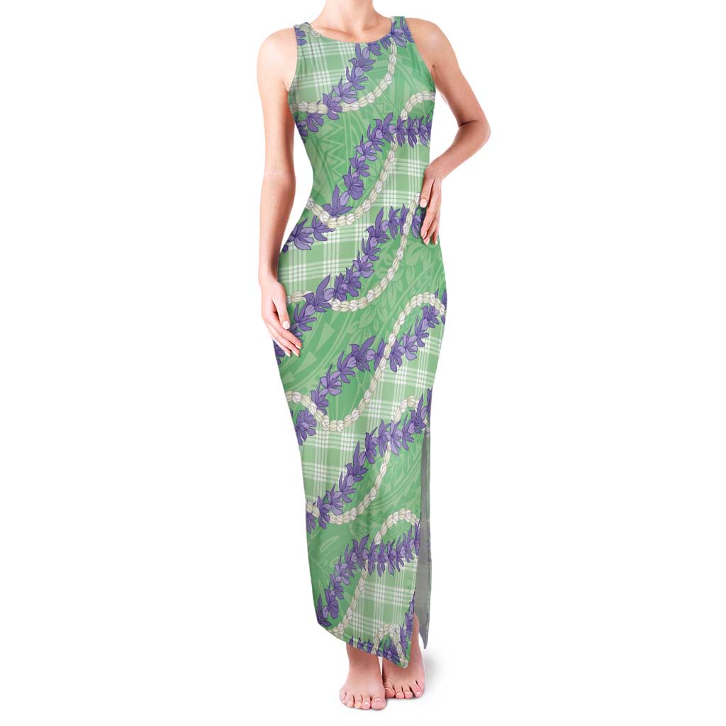 Pastel Green Hawaii Palaka Honohono Pikake Tank Maxi Dress Hawaiian Orchid Lei Polynesian Pattern - Polynesian Pride