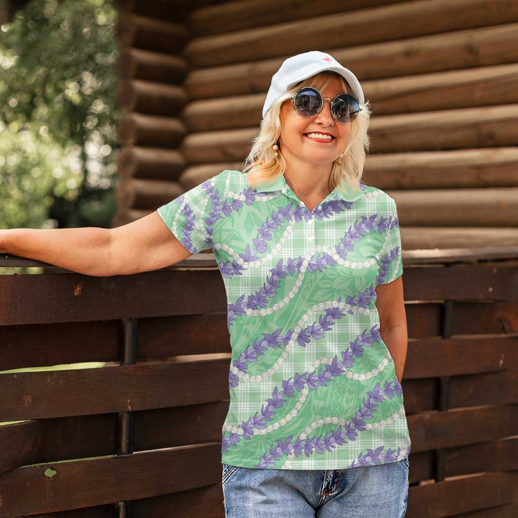 Pastel Green Hawaii Palaka Honohono Pikake Women Polo Shirt Hawaiian Orchid Lei Polynesian Pattern - Polynesian Pride