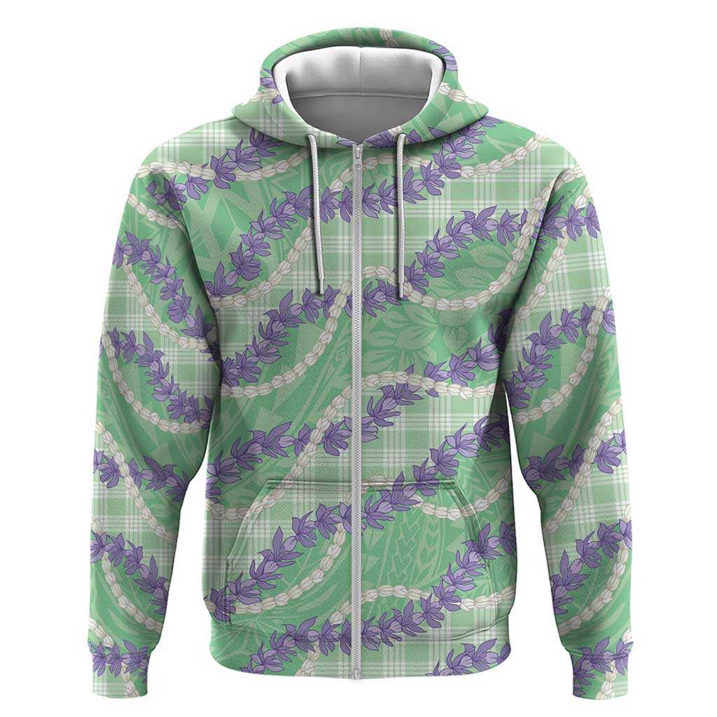 Pastel Green Hawaii Palaka Honohono Pikake Zip Hoodie Hawaiian Orchid Lei Polynesian Pattern - Polynesian Pride