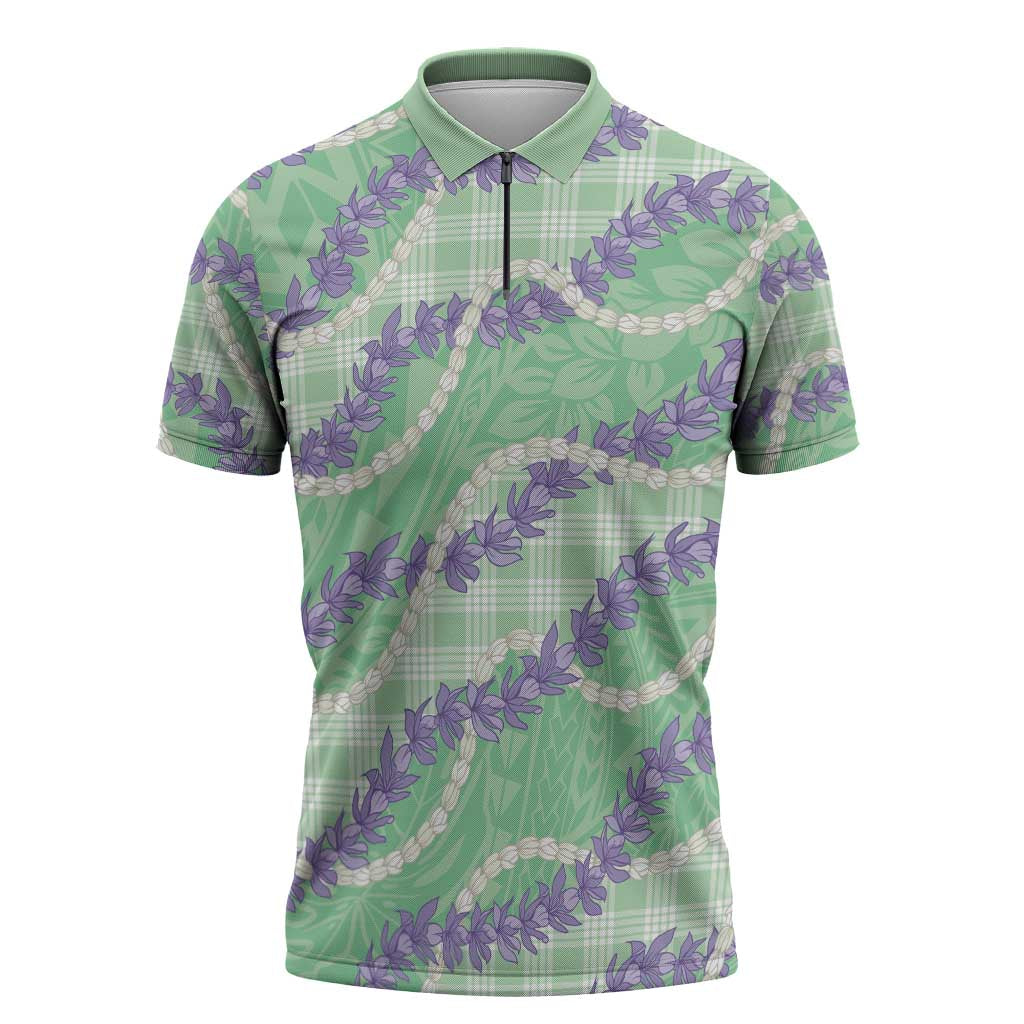 Pastel Green Hawaii Palaka Honohono Pikake Zipper Polo Shirt Hawaiian Orchid Lei Polynesian Pattern - Polynesian Pride