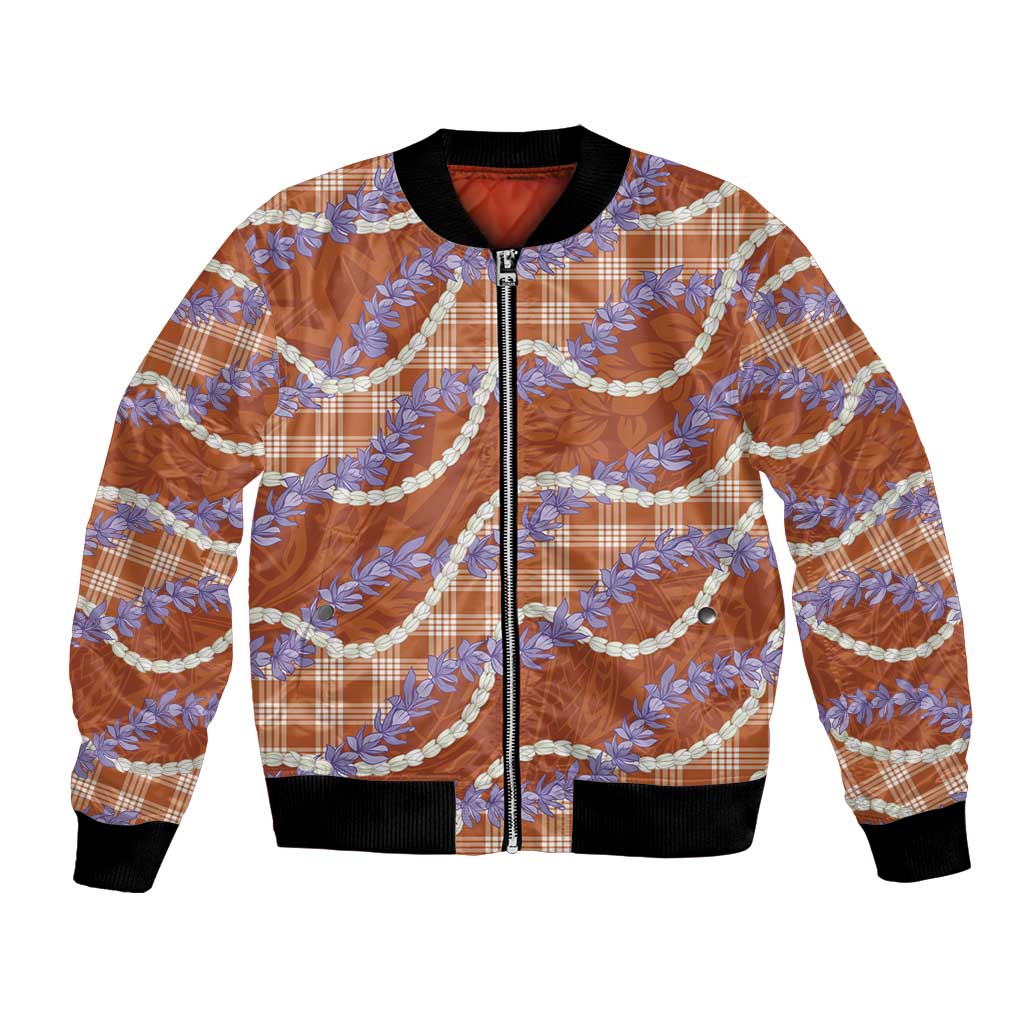 Orange Hawaii Palaka Honohono Pikake Bomber Jacket Hawaiian Orchid Lei Polynesian Pattern - Polynesian Pride