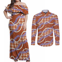 Orange Hawaii Palaka Honohono Pikake Couples Matching Off Shoulder Maxi Dress and Long Sleeve Button Shirt Hawaiian Orchid Lei Polynesian Pattern - Polynesian Pride