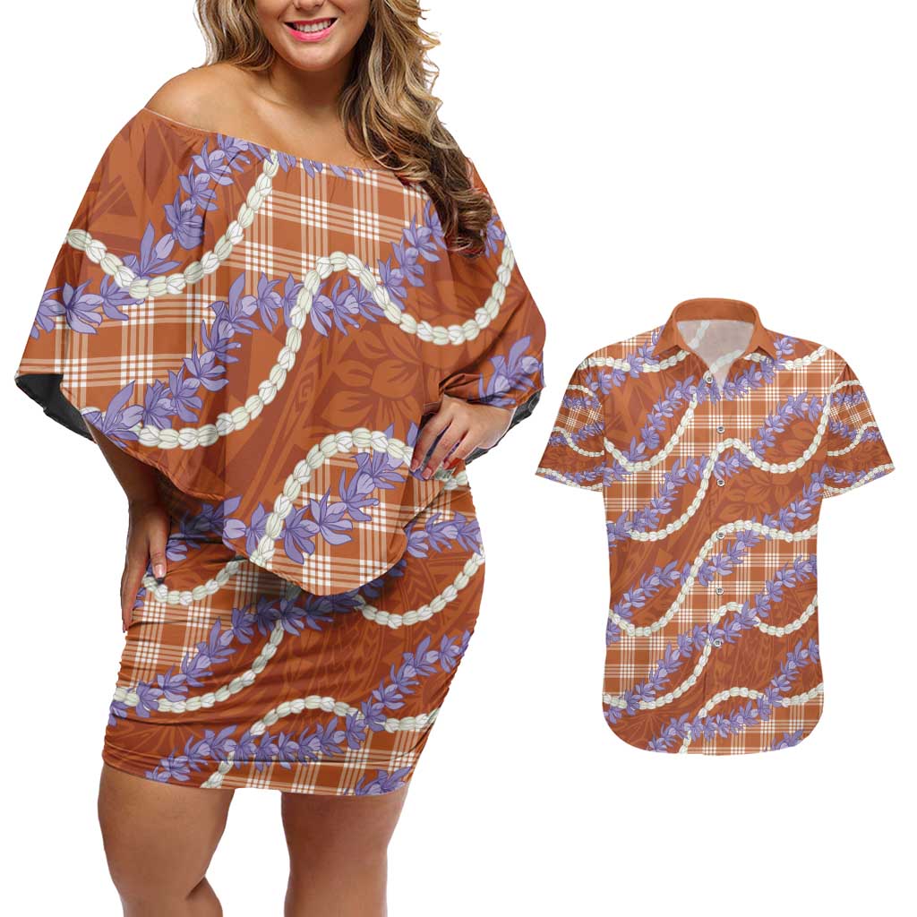 Orange Hawaii Palaka Honohono Pikake Couples Matching Off Shoulder Short Dress and Hawaiian Shirt Hawaiian Orchid Lei Polynesian Pattern - Polynesian Pride