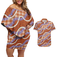 Orange Hawaii Palaka Honohono Pikake Couples Matching Off Shoulder Short Dress and Hawaiian Shirt Hawaiian Orchid Lei Polynesian Pattern - Polynesian Pride