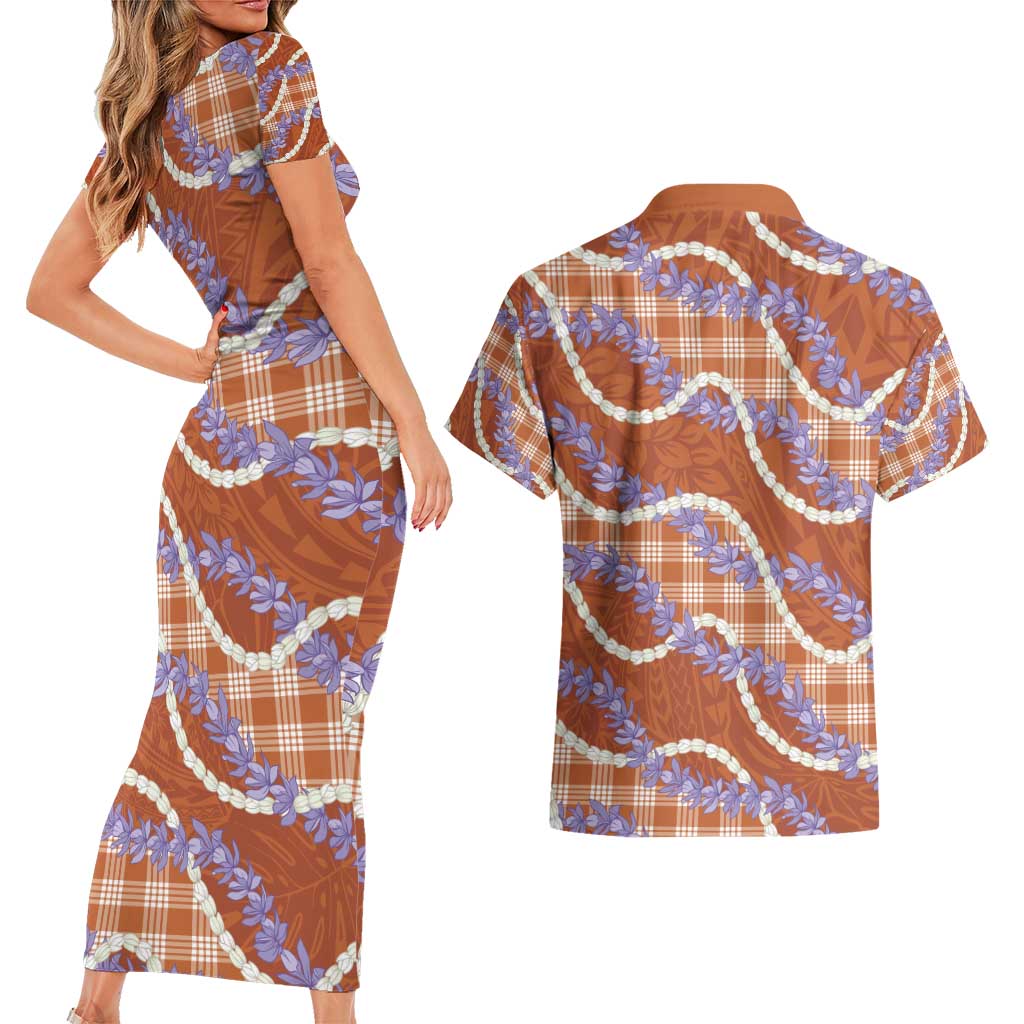 Orange Hawaii Palaka Honohono Pikake Couples Matching Short Sleeve Bodycon Dress and Hawaiian Shirt Hawaiian Orchid Lei Polynesian Pattern - Polynesian Pride