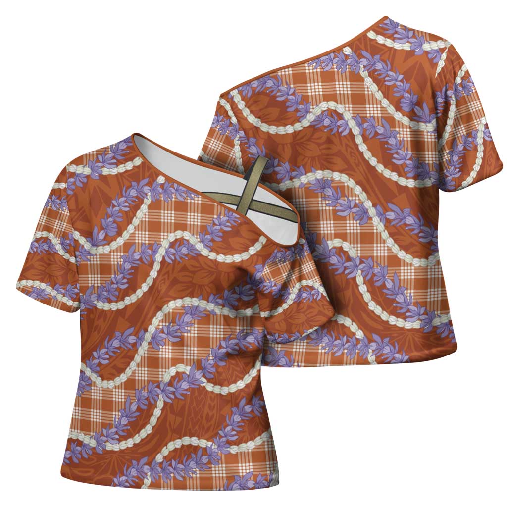Orange Hawaii Palaka Honohono Pikake Cross Shoulder Shirt Hawaiian Orchid Lei Polynesian Pattern - Polynesian Pride