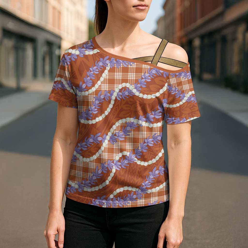 Orange Hawaii Palaka Honohono Pikake Cross Shoulder Shirt Hawaiian Orchid Lei Polynesian Pattern - Polynesian Pride